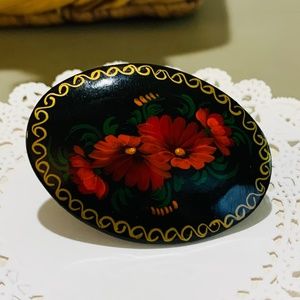 Vintage Russian Hand Painted Lacquered Red Floral, Signed